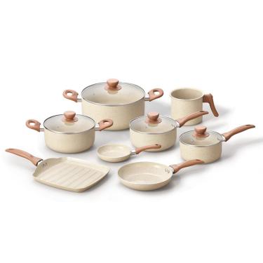 Imagem de jogo com 8 panelas antiaderentes de ceramica e aluminio bege - Oikos