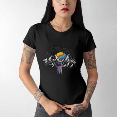 Imagem de Camiseta Feminina Planeta Arco íris Estrelas Baby Look Preta - Hipster