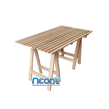 Imagem de Mesa Jardim Churrasco Ripada 2 Cavaletes 1 Tampa 140x80cm Sem Pintura 