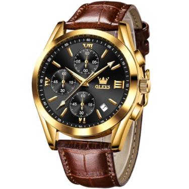 Imagem de OLEVS Relógios de pulso masculinos de couro marrom, dourado, analógico, quartzo, moderno, para negócios, data, luminoso, à prova d'água, casual, masculino, Couro marrom preto 2872, relógio masculino