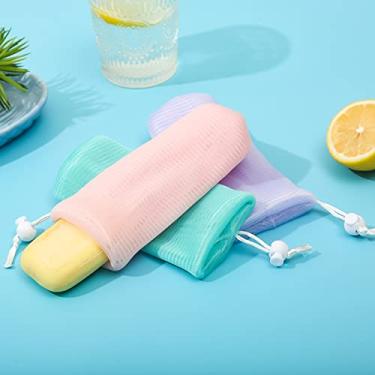 Imagem de 100 peças esfoliantes 6 camadas de espuma de malha ultra macia e rápida espuma de limpeza facial espuma malha de espuma saco de sabonete malha de espuma esfoliante de banho malha de limpeza sacos com cordão (cor aleatória)