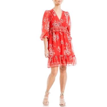 Imagem de Max Studio Vestido curto feminino primavera 2023 moda diária estampado georgette manga longa gola V chique, Aura Chintzy de maçã assada, PP