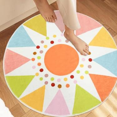 Imagem de Lacomfy Boho Sun Tapete Círculo Arco-íris Kids Tapete Pequeno Redondo Sunshine Tapete de Quarto para Meninos Meninas Tapete Macio para Sala de Jogos para Crianças Tapete Lavável para Banheiro,