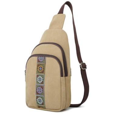 Imagem de SILKAREA Bolsa tiracolo de lona para mulheres, bolsa tiracolo pequena, mochila de viagem, caminhada, mochila para o peito, Marrom, Small