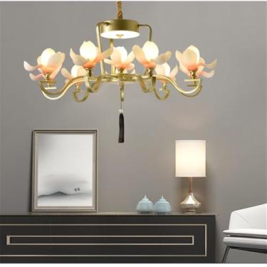 Imagem de OUFULA Luminária pendente de lótus contemporânea chinesa retrô criatividade sala de estar restaurante quarto villa hotel balcão decoração led lustre (E Gold 9 lights)