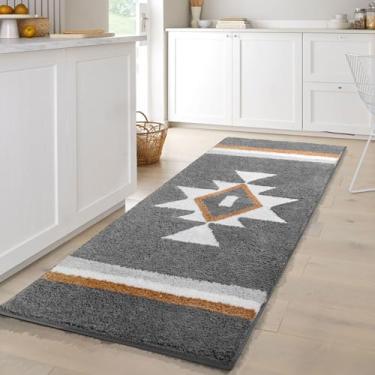 Imagem de TANVILL Tapete de banho Boho Runner Antiderrapante, Geométrico Longo Macio Absorvente Grande Tapete para Entrada de Cozinha Chuveiro, Cinza 60 x 152 cm