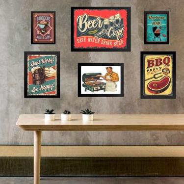 Imagem de Kit Composição 6 Quadros Vintage Churrasco e Cerveja - Quadros On-line