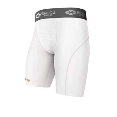 Imagem de Shock Doctor Shorts de compressão com bolso para copo. Roupa íntima de suporte atlético com bolso (copo não incluído) branco para jovens e adultos