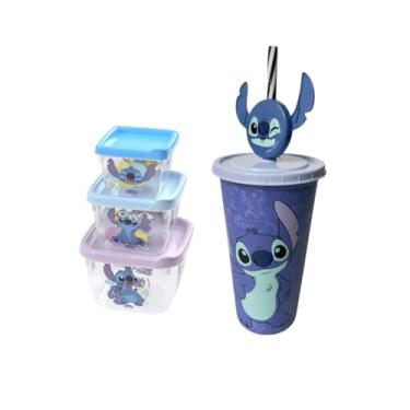Imagem de Kit Copo com Canudo + 3 Potes Conect Stitch Infantil Escolar Plastil