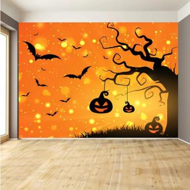 Imagem de Lcythiazole Tamanho personalizável mural de papel de parede de Halloween, fundo amarelo, morcego, abóbora, terror, foto para sala de estar, quarto, restaurante