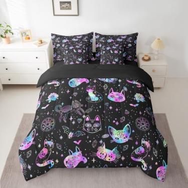 Imagem de Jogo de cama casal de caveira de gato ombré, galáxia preta, estrelado, 7 peças com edredom, lençol de cima, 2 fronhas, 2 fronhas, constelação gótica