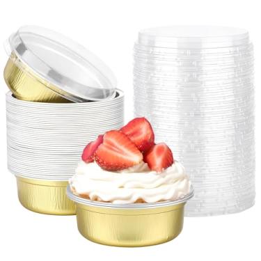 Imagem de Beasea Ramequins de alumínio com tampas, pacote com 50, 250 ml, 260 ml, 10 cm, copos de alumínio descartáveis para assar no forno redondo para festa - dourado