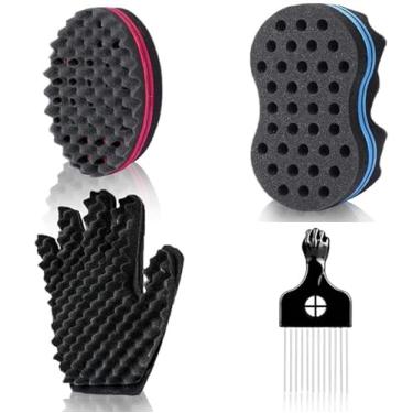 Imagem de KHQBG Conjunto de esponjas de cabelo Magic Twist para cabelo, escova de esponja de cachos grandes para cabelo, luva de esponja de cachos para homens e mulheres com palito afro de metal (17 cm)