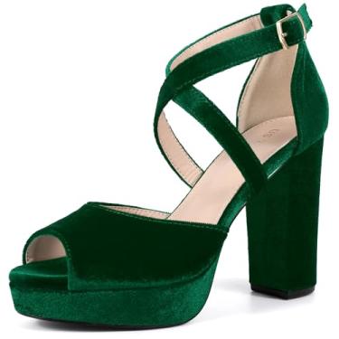 Imagem de Perphy Sandálias femininas Peep Toe plataforma de veludo com tiras cruzadas e salto bloco, Verde, 41