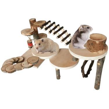 Imagem de Escada de escalada para hamster, conjunto de plataforma, gerbils, pequeno animal de estimação, plataforma de suporte de madeira natural com alimentador, brinquedos de madeira de maçã natural para