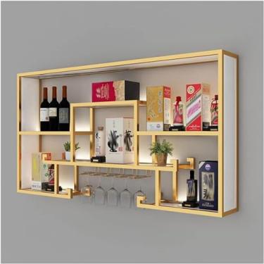 Imagem de Prateleira de bar flutuante com iluminação LED, garrafa de vinho de metal e prateleira de vidro prateleira de exibição comercial iluminada bar rack de parede para casa, ouro, 100 x 20 x 80 cm