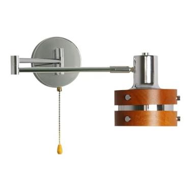 Imagem de Luminária de parede moderna com braço oscilante retrô, arandela de madeira cilíndrica, cromada, ajustável em 180°, luminária de parede de cabeceira com corrente de puxar, arandelas de metal