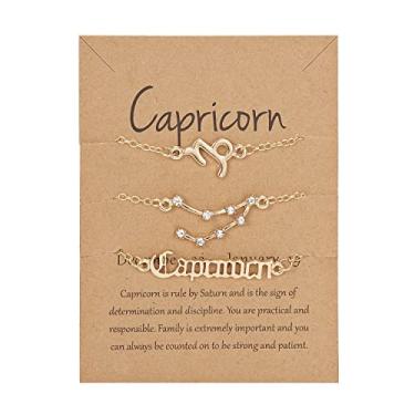 Imagem de COLORFUL BLING Conjunto de 3 pulseiras com 12 constelações de horóscopo banhado a ouro 18 quilates, signo do zodíaco, pulseiras em camadas com letras requintadas, cartão de horóscopo para mulheres,