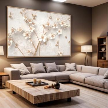 Imagem de Quadro Decorativo com Moldura Sala 90x60 Flora Branco Luxo Grande Horizontal