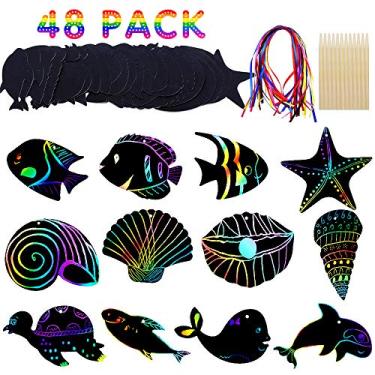 Imagem de Scratch Art Card - Sea World Theme DIY Birthday Party Supplies Favor - Rainbow Color Scratch Art With Wooden Styluses Ribbon - Shell Dolphin Starfish Tortoise Classroom Ornaments Craft Kit (48 Pack)1