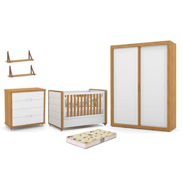 Imagem de Dormitório Tutto 2 Portas, Cômoda, Berço com Capitonê, Colchão Supreme e Prateleiras - Matic Móveis Branco Soft/Freijó