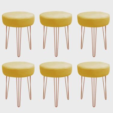 Imagem de Kit 06 Banquetas Puff Jullia Luxo 55cm Industrial Ferro Bronze Corino Amarelo - Ahazzo Móveis