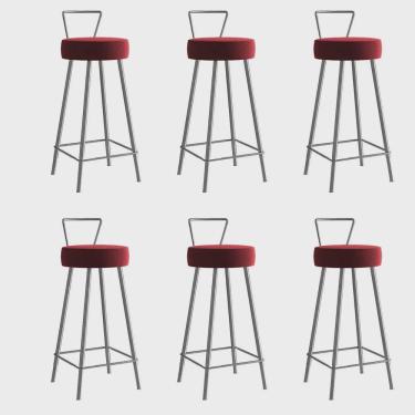 Imagem de Kit 06 Banqueta Alta Com Encosto Tais Eiffel Cozinha Bar Bistrô Ferro Prata Sintético Vermelho - Ahz Móveis