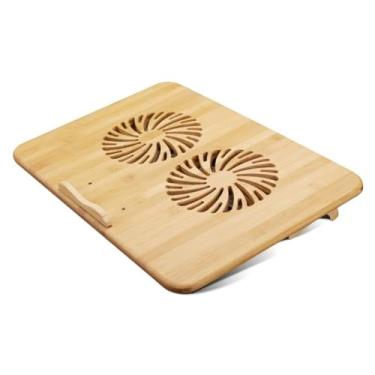 Imagem de Suporte para laptop Suporte de laptop de bambu para mesa, suporte de resfriamento para notebook com ventilador duplo e 2 portas USB Elevador para laptop(10-14 inch)