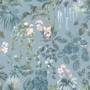 Imagem de Ismoon Papel de parede azul descasque e cole papel de contato tropical 43,9 x 998,2 cm, folha de palmeira da selva em verde escuro, botânico, mal-humorado, papel de parede autoadesivo removível para