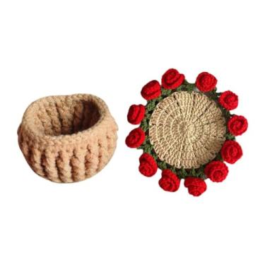 Imagem de rockible Kit de crochê para iniciantes, montanha -russa floral feita à mão com kit de partida de maconha de maconha de flores de fios para namorada de mesa, Vermelho