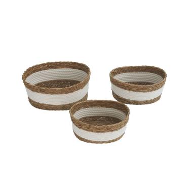 Imagem de Conjunto 3 Cestos Decorativos em Fibra Vegetal e Algodão Branco QJ3002 BTC