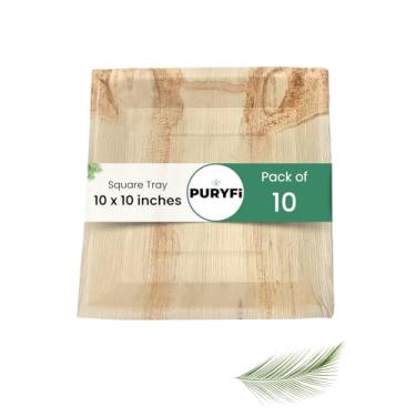 Imagem de Puryfi Bandejas descartáveis de folha de palmeira de 25,4 cm (pacote com 10) travessas de servir de bambu, tábuas descartáveis, louça ecológica para casamentos, catering, eventos