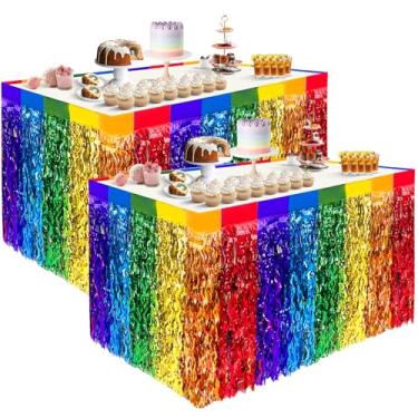 Imagem de Pacote com 2 saias de mesa com franjas metálicas arco-íris de 0,8 m x 2,7 m, saia de mesa colorida ondulada para o mês do orgulho, festa do orgulho LGBTQ, aniversário, casamento, festival