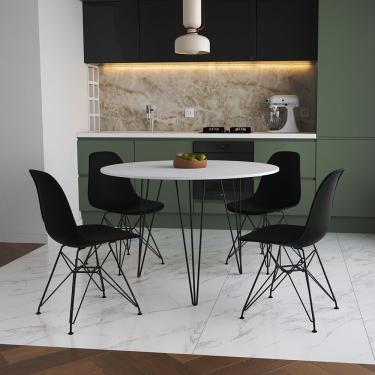 Imagem de Mesa De Jantar Redonda 90Cm Branca Clips 3 Pés Com 4 Cadeiras Pretas Ferro Preto Cor: Branco