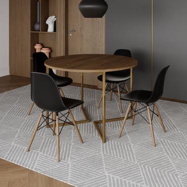 Imagem de Mesa Jantar Industrial Redonda 110Cm Amêndoa Base V Dourada C/4 Cadeiras Madeira Pret Cor: Amendoa