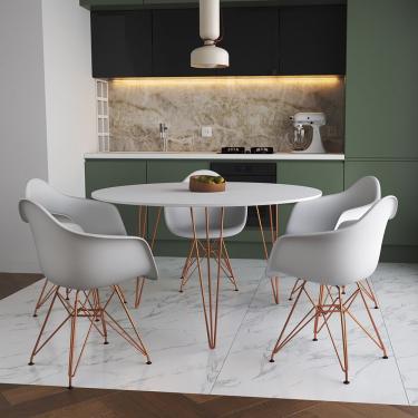Imagem de Mesa Jantar Redonda 110Cm Branca Clips 3 Pés Com 5 Poltronas Brancas Base Cobre Marrom