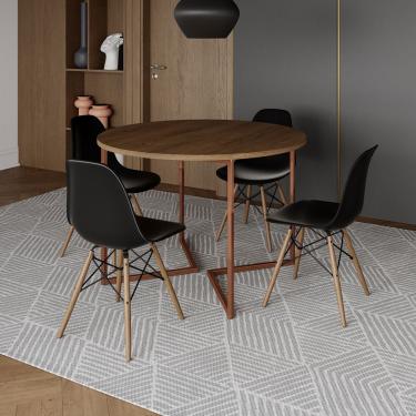 Imagem de Mesa Jantar Industrial Redonda 110Cm Amêndoa Base V Cobre C/4 Cadeiras Preta Base Madeira Amendoa