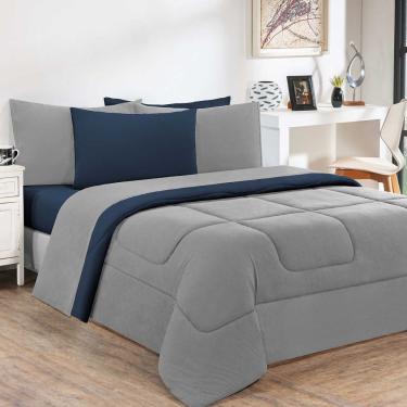 Imagem de Kit Edredom + Jogo De Lençol 100% Algodão Gran Moratta 6 Peças King Cinza-azul Marinho