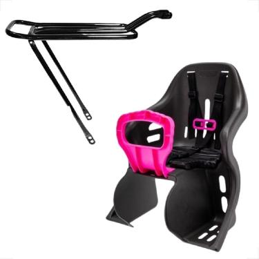Imagem de Cadeirinha Traseira Infantil Preta E Rosa Resistente 25Kg + Garupa Bagageiro Dobravel Aço Aro 26
