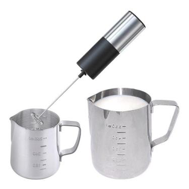 Imagem de Kit Jarras Baristas Inox 350ml E 600ml + Mini Mixer A Pilha - Kadê