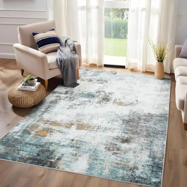 Imagem de COZYLOOM Tapete lavável 12 x 18 cm, moderno, abstrato, interior, resistente a manchas, fácil limpeza, tapete macio para sala de estar, capa de chão para sala de jantar, quarto, azul/verde