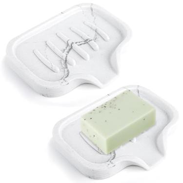 Imagem de AUGFRYZIAN Saboneteira Autodrenante - 2 Peças De Suporte Barra Para Chuveiro, Bandeja Grande Com Aparência Mármore Guardar Esponja, Cozinha, Banheiro, Banheira, Pia, Branca