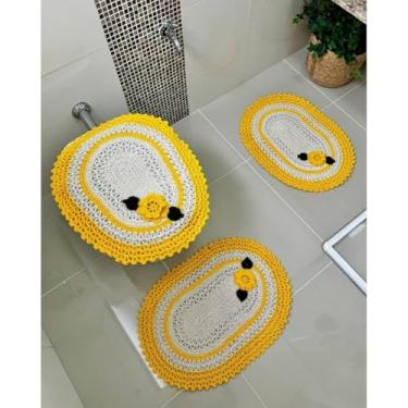 Imagem de Jogo De Banheiro Em Crochê 3 Peças Bordado Flor Artesanal (Amarelo)