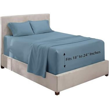 Imagem de Hearth & Harbor Lençóis King Size com Bolso Extra Profundo – Conjunto de Lençóis de Luxo King Size de 4 Peças para Colchões de até 61 cm – Conjunto de Lençóis Luxuosos Ultramacios – King, Azul Pedra