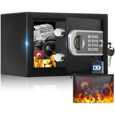 Imagem de Seguro [atualizado] Cofre pequeno para casa, mini cofre 0,30 Cuft com bolsa à prova d'água à prova de fogo, cofre digital para dinheiro com teclas sobressalentes programáveis, caixa de dinheiro de