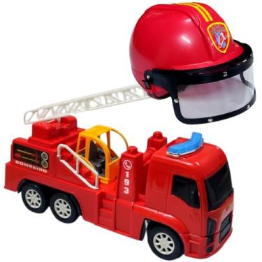 Imagem de Kit Caminhão Bombeiro Capacete Brinquedo Menino Educativo Personagem (Vermelho)