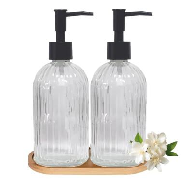 Imagem de Conjunto de 2 dispensadores de sabão de vidro para mãos e louças com bombas de plástico, bandeja de bambu, dispensador de sabão de banheiro transparente de 382 g com listras verticais para lavar à mão