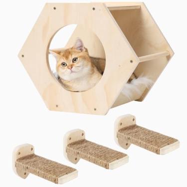 Imagem de COOLEX Prateleiras de parede para gatos, móveis de parede para gatos, prateleira para gatos com haste arranhadora de 3 degraus, rede de árvore de gato com suporte de parede de pelúcia, suporte de