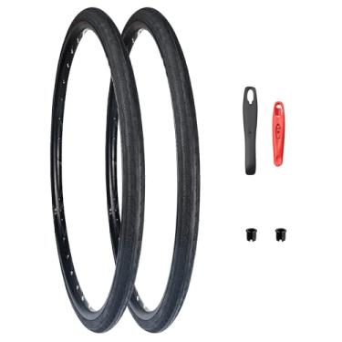 Imagem de ZUKKA Pneu de bicicleta 700C pneu 700 x 32C pneu de substituição dobrável para bicicleta de engrenagem fixa bicicleta cascalho bicicleta híbrida (preto/2 pneus + 2 alavancas, 700 x 32C)