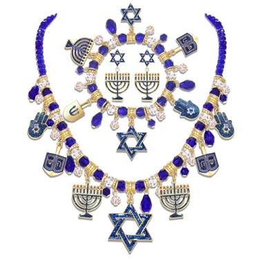 Imagem de NVENF Colar de Hanukkah, pulseira e brincos para mulheres, gargantilha de Hanukkah, colar de estrela de Davi, brincos de estrela azul, conjunto de joias de Hanukkah, conjunto de joias judaicas